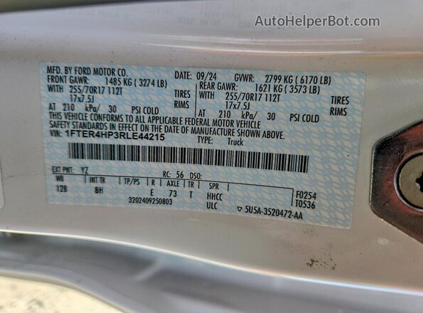 1FTER4HP3RLE44215 2024 FORD RANGER White Widok naklejki z numerem VIN