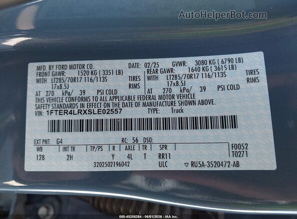 1FTER4LRXSLE02557 2025 FORD RANGER Blue Շարժիչի բաժամունքի տեսք