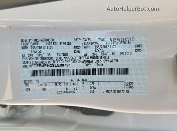 1FTER4PH2SLE08791 2025 FORD RANG White Widok komory silnika