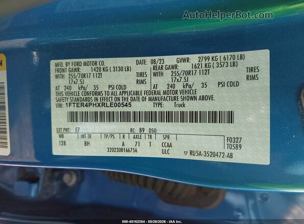 1FTER4PHXRLE00545 2024 FORD RANGER Blue Вид підкапотного простору