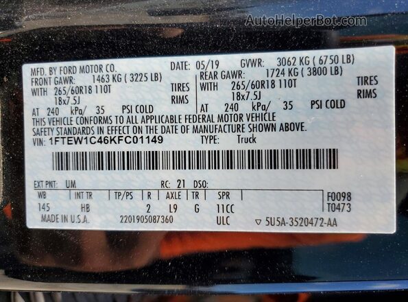 1FTEW1C46KFC01149 2019 FORD F150 Black ძრავის განყოფილების ხედი