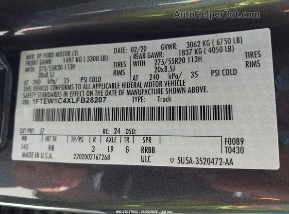 1FTEW1C4XLFB28207 2020 FORD F150 Gray 
