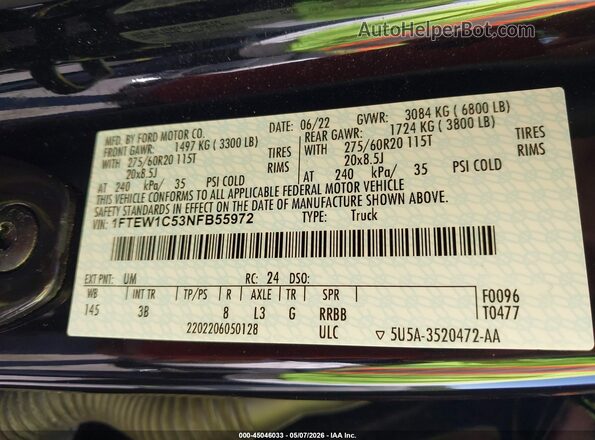 1FTEW1C53NFB55972 2022 FORD F150 Black Engine compartment view