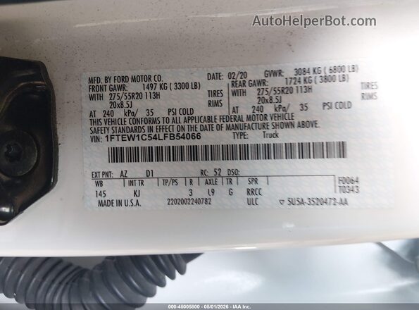 1FTEW1C54LFB54066 2020 FORD F150 White Вид підкапотного простору
