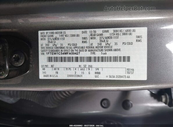 1FTEW1C54MFA59427 2021 FORD F150 Gray ძრავის განყოფილების ხედი