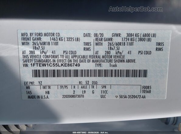 1FTEW1C55LKE86749 2020 FORD F150 Белый Вид подкапотного пространства