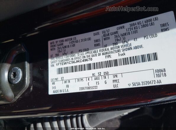 1FTEW1C56JKC49670 2018 FORD F150 Burgundy ძრავის განყოფილების ხედი