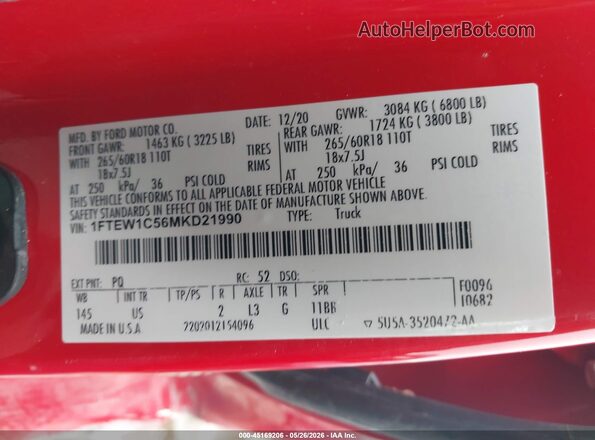1FTEW1C56MKD21990 2021 FORD F150 Red Widok komory silnika