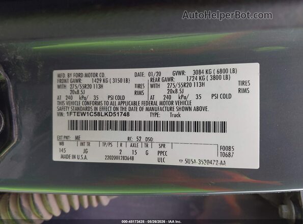 1FTEW1C58LKD51748 2020 FORD F150 Gray Engine compartment view