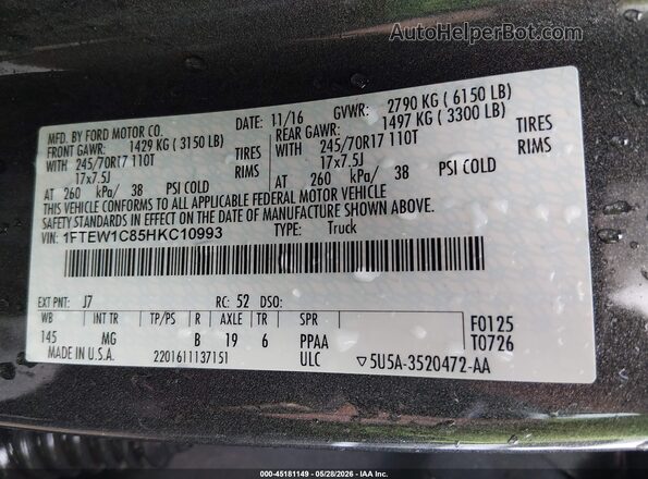 1FTEW1C85HKC10993 2017 FORD F150 Gray Вид підкапотного простору