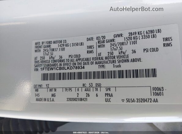 1FTEW1CB0LKD78934 2020 FORD F150 White Widok komory silnika