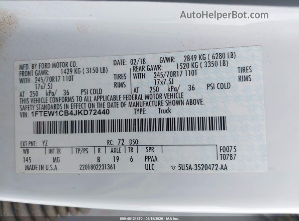 1FTEW1CB4JKD72440 2018 FORD F150 White Widok komory silnika