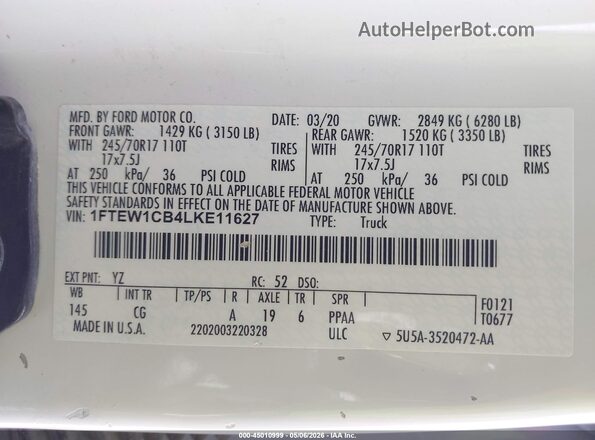 1FTEW1CB4LKE11627 2020 FORD F150 White Engine compartment view