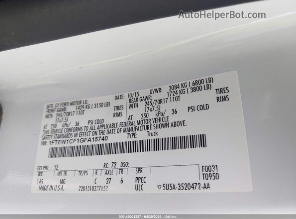 1FTEW1CF1GFA15740 2016 FORD F150 White Engine compartment view