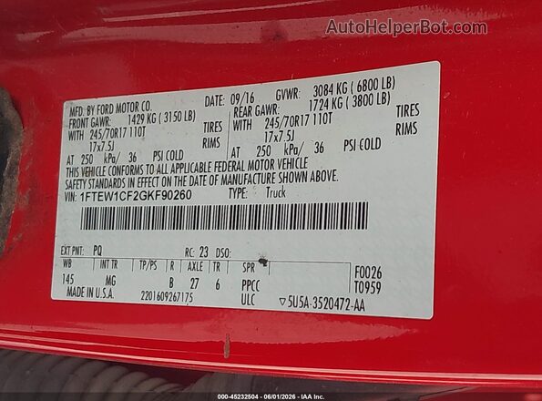 1FTEW1CF2GKF90260 2016 FORD F150 Red Շարժիչի բաժամունքի տեսք