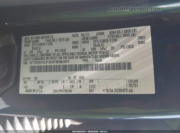 1FTEW1CF3HFB98351 2017 FORD F150 Dark Blue Widok komory silnika