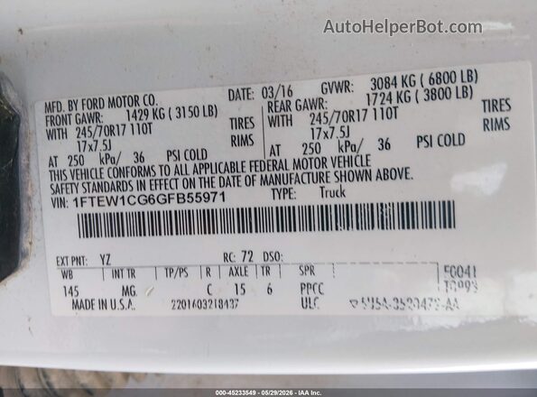1FTEW1CG6GFB55971 2016 FORD F150 White ძრავის განყოფილების ხედი