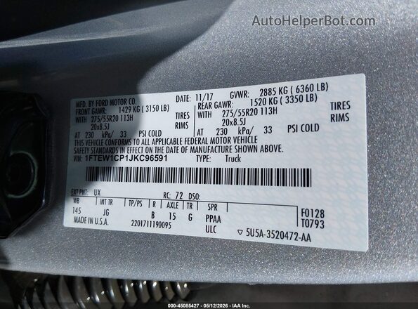 1FTEW1CP1JKC96591 2018 FORD F150 Silver ძრავის განყოფილების ხედი