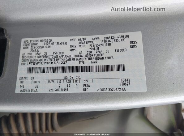1FTEW1CP1KKD81237 2019 FORD F150 White Շարժիչի բաժամունքի տեսք