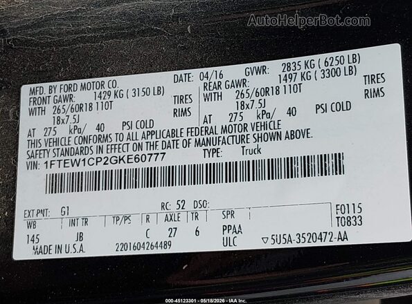 1FTEW1CP2GKE60777 2016 FORD F150 Black Engine compartment view