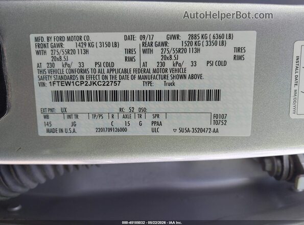 1FTEW1CP2JKC22757 2018 FORD F150 Silver Vista del compartimento del motor