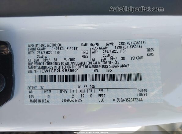 1FTEW1CP2LKE35601 2020 FORD F150 White ძრავის განყოფილების ხედი
