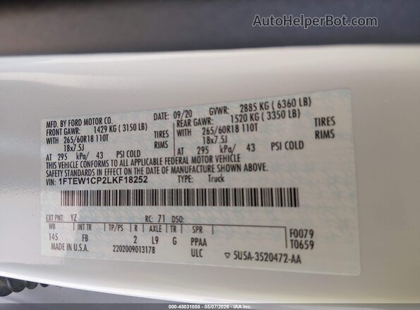 1FTEW1CP2LKF18252 2020 FORD F150 White Շարժիչի բաժամունքի տեսք