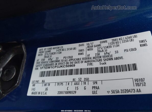1FTEW1CP3JKC50969 2018 FORD F150 Blue Vista del compartimento del motor