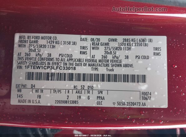 1FTEW1CP3LFC33018 2020 FORD F150 Red Շարժիչի բաժամունքի տեսք