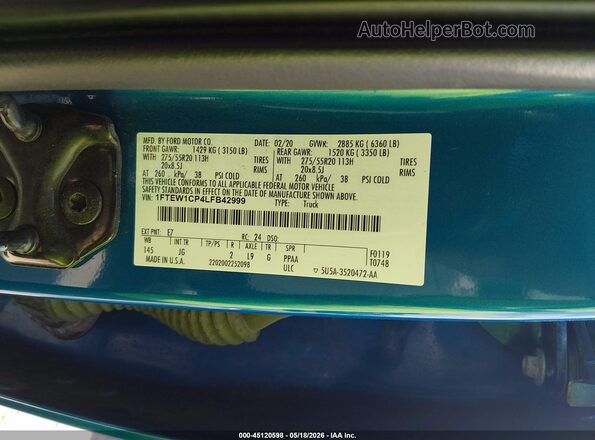 1FTEW1CP4LFB42999 2020 FORD F150 Blue Շարժիչի բաժամունքի տեսք