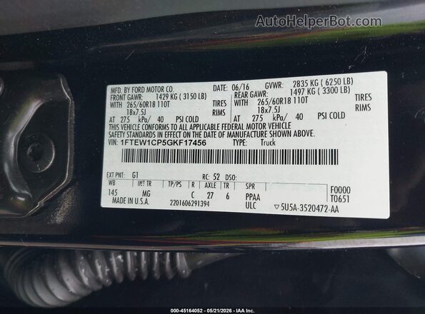 1FTEW1CP5GKF17456 2016 FORD F150 Black Շարժիչի բաժամունքի տեսք