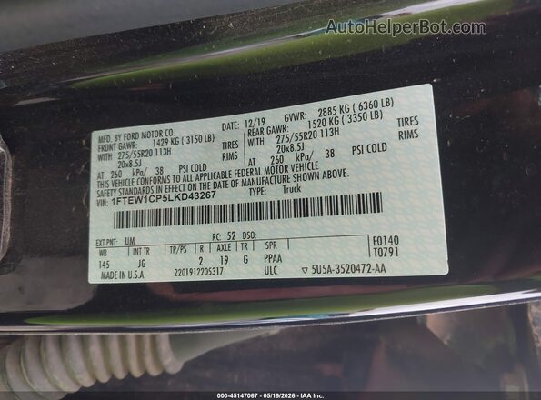 1FTEW1CP5LKD43267 2020 FORD F150 Black Engine compartment view