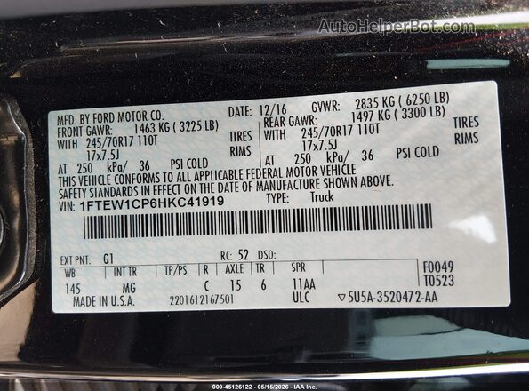 1FTEW1CP6HKC41919 2017 FORD F150 Black ძრავის განყოფილების ხედი
