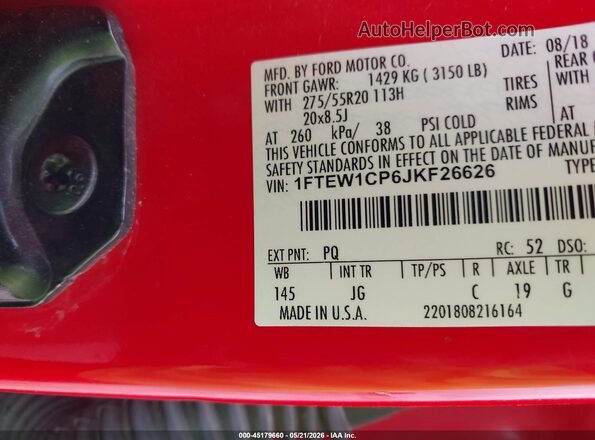 1FTEW1CP6JKF26626 2018 FORD F150 Красный Вид подкапотного пространства