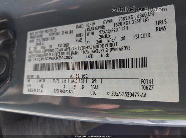1FTEW1CP6KKE04009 2019 FORD F150 Серый Вид подкапотного пространства