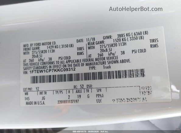 1FTEW1CP7KKC09312 2019 FORD F150 Белый Вид подкапотного пространства