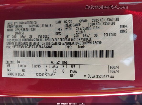 1FTEW1CP7LFB46688 2020 FORD F150 Red Vista del compartimento del motor