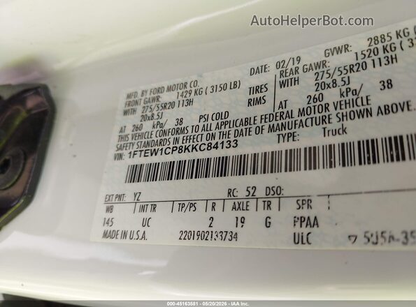 1FTEW1CP8KKC84133 2019 FORD F150 Белый Вид подкапотного пространства