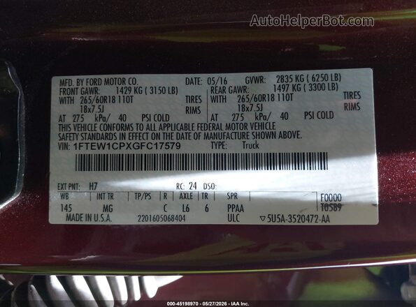 1FTEW1CPXGFC17579 2016 FORD F150 Maroon Widok komory silnika