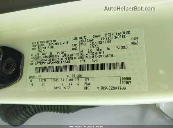 1FTEW1CPXNKD17234 2022 FORD F150 Белый 