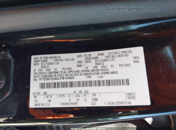 1FTEW1E40LFB14569 2020 FORD F150 Черный Вид подкапотного пространства