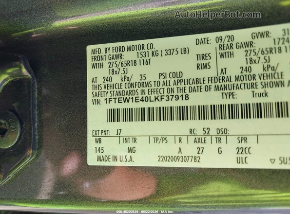 1FTEW1E40LKF37918 2020 FORD F150 Gray Вид підкапотного простору