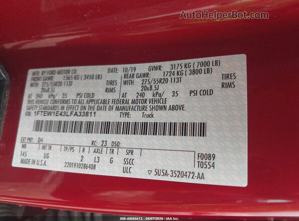 1FTEW1E43LFA33811 2020 FORD F150 Red 