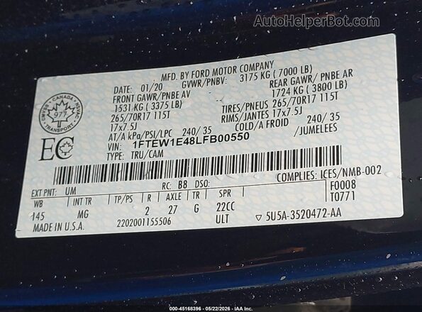 1FTEW1E48LFB00550 2020 FORD F150 Black ძრავის განყოფილების ხედი