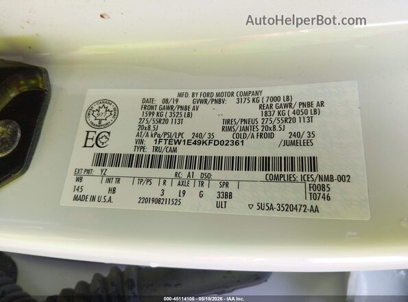 1FTEW1E49KFD02361 2019 FORD F150 White Widok naklejki z numerem VIN