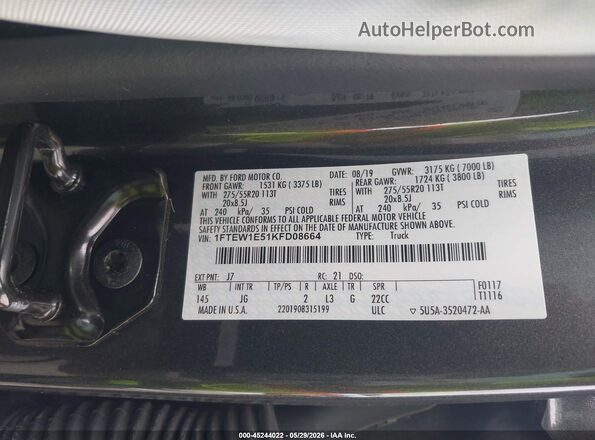 1FTEW1E51KFD08664 2019 FORD F150 Gray Շարժիչի բաժամունքի տեսք