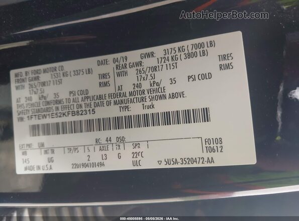 1FTEW1E52KFB82315 2019 FORD F150 Black Вид підкапотного простору