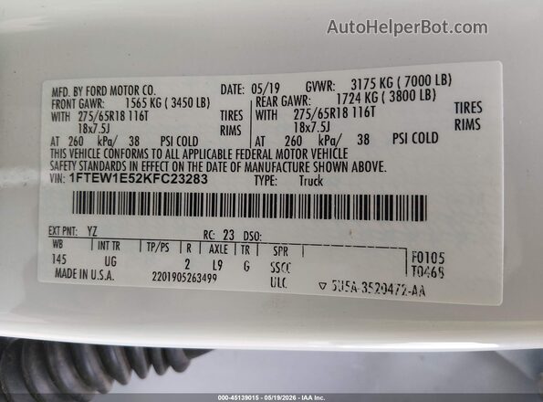 1FTEW1E52KFC23283 2019 FORD F150 White 