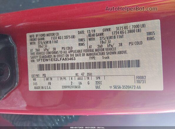 1FTEW1E52LFA83463 2020 FORD F150 Red Вид підкапотного простору