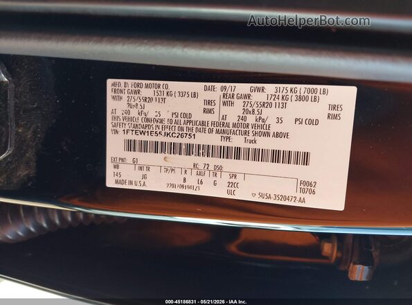 1FTEW1E55JKC26751 2018 FORD F150 Black Vista del compartimento del motor